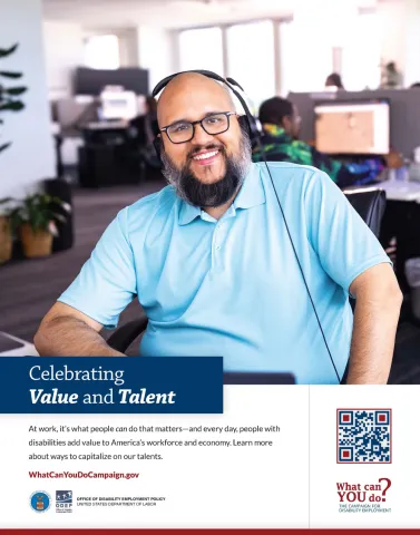 Poster showing man in blue shirt in a tech workplace. 